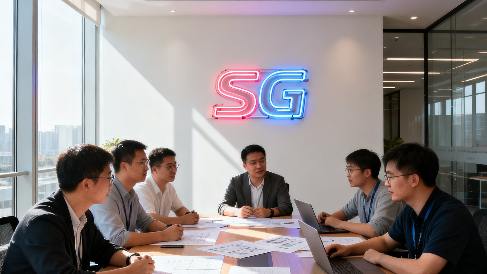 宽敞明亮的现代办公室内，SG亚洲胜游上海总部的技术团队成员围坐在会议桌旁讨论，背景墙上有公司霓虹标志，桌上散落着设计稿和笔记本电脑，阳光透过落地窗照入