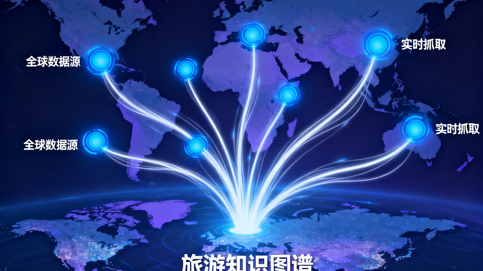 世界地图上多个发光节点被光线连接，代表GPT-4.0引擎从全球不同数据源实时抓取并整合旅游相关信息，形成统一的知识图谱